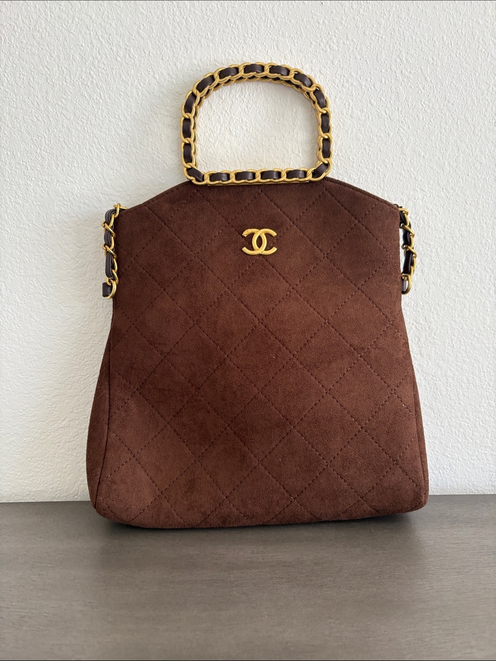 Brown Quilted Suede Satchel with Gold Chain Handle